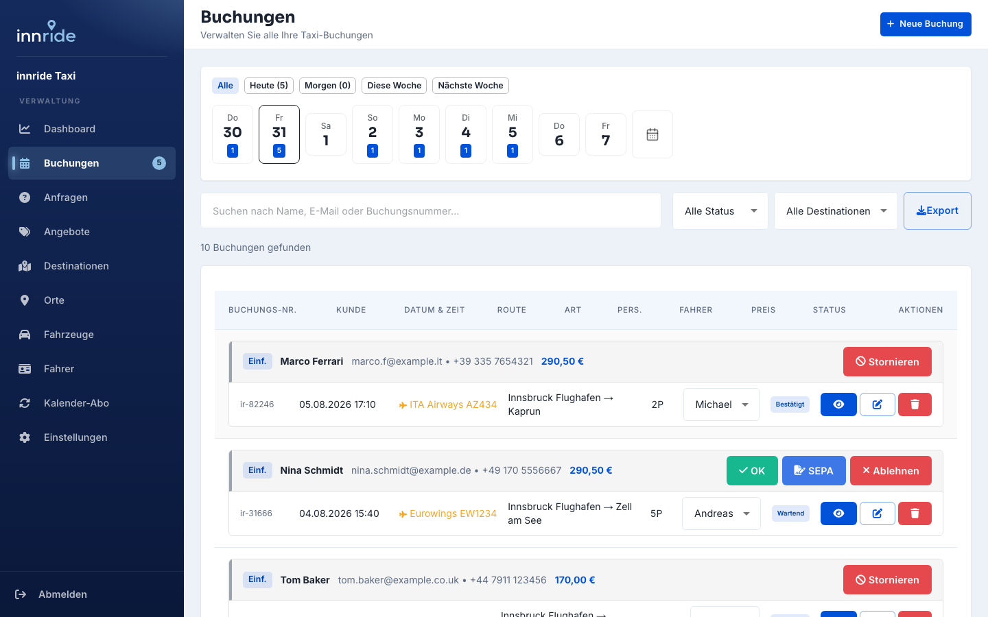 InnRide-Buchungsübersicht mit Transferdetails und Beispieldaten