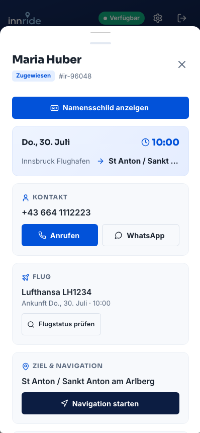 Fahrtdetails in der InnRide-Fahreransicht mit Beispieldaten