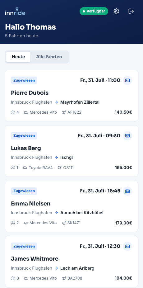 InnRide-Fahrer-App mit zugewiesenen Fahrten